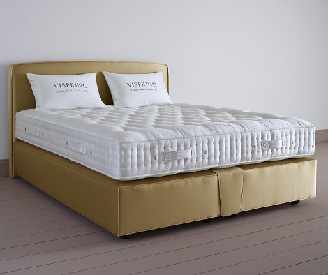 Vispring boxspring hoofdbord Palladio stof geel, gold,afgeronde hoeken, Tiara Suberb,Divan Sovereign,mantle strook 